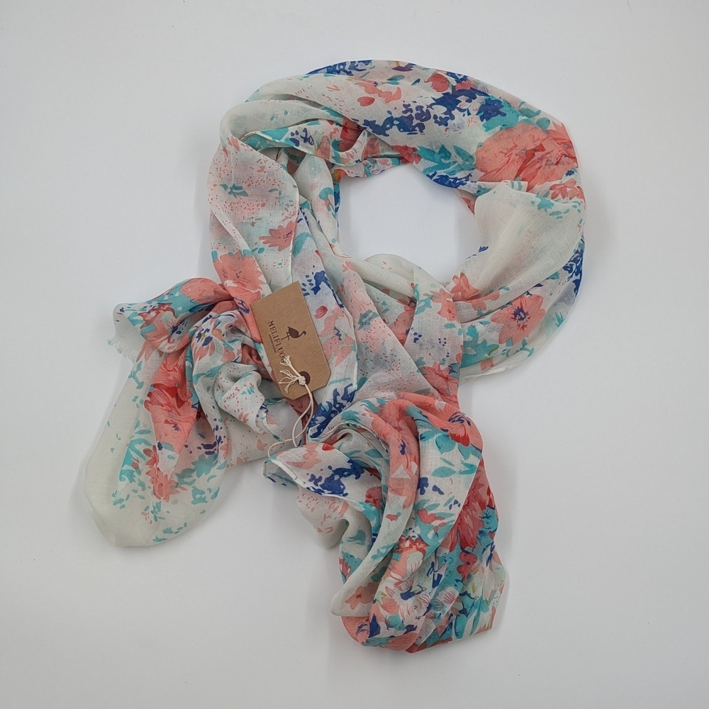 Melifluous Coral & Blue Floral Scarf | 35" x 70" - Picture 2 of 6